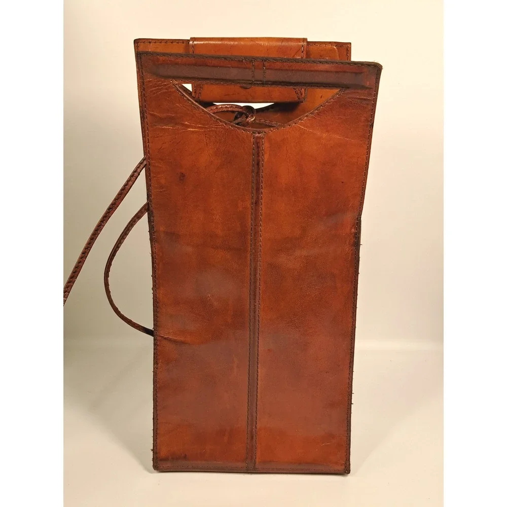 Vintage Cognac Brown Leather Wine Bottle Carrier Bag Snap Closure Picnic Tote
